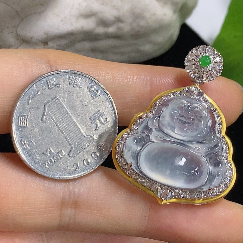 Jadeite Buddha pendant necklace with 18K gold and diamond accents, featuring a detailed Buddha figure, weight 8.41g.