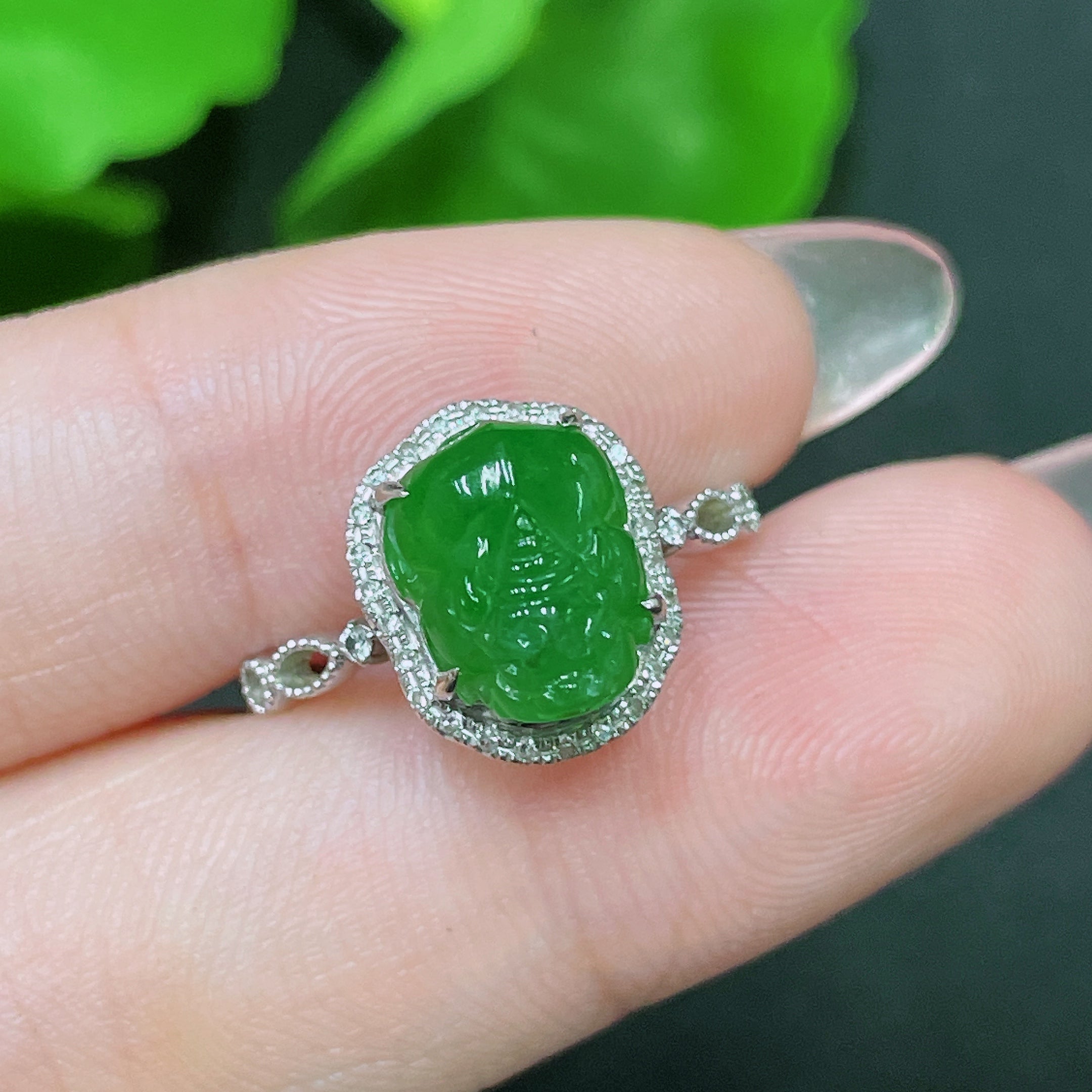 Jadeite Pixiu inlaid ring . (with diamond accents) | Huiliu Certified
