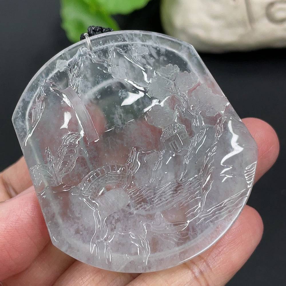 HUILIU HQ jadeite pendant with landscape plaque, weight 23.84g including rope, showcasing intricate jade carving and natural green hues.