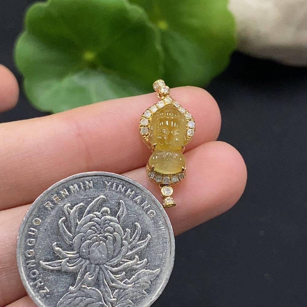 HUILIU HQ Jadeite Baby Buddha pendant with diamond accents, inlaid jade, no hallmark, content tested, approximately 1 inch tall