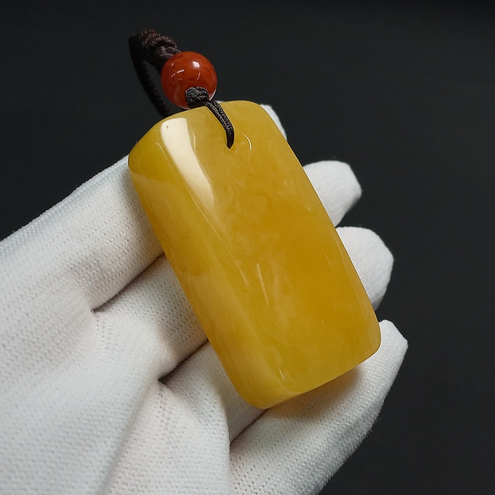 Amber beeswax pendant with southern red agate, visible organic matter, including rope