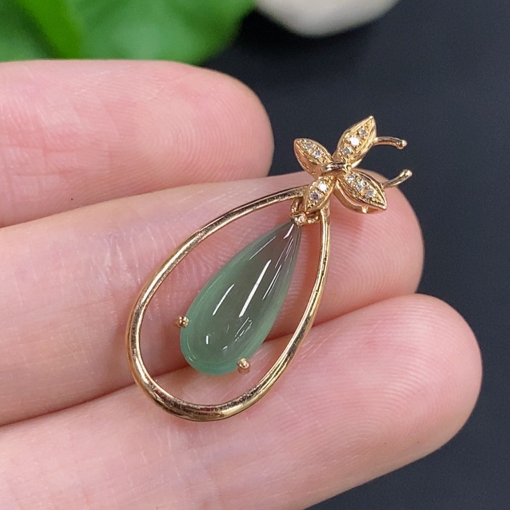 Jadeite Inlaid Pendant 18k Gold Total Weight Approx. 1.8g With Diamond Accents