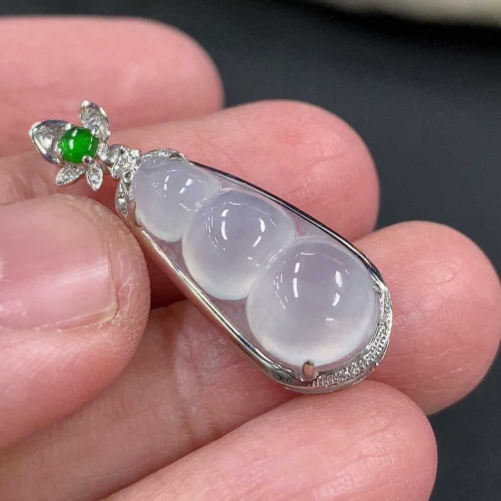 Jadeite Blessed Bean Pendant, 18K Gold Setting with Diamond Accents, Total Weight Approx. 2.34g