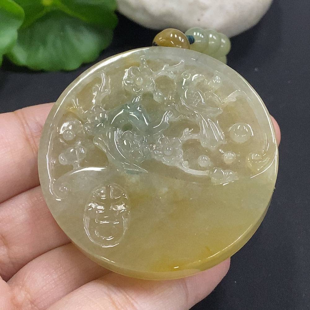 HUILIU HQ Jadeite Flower of Wealth and Honor pendant with chain, showcasing detailed jade flower design on a necklace.