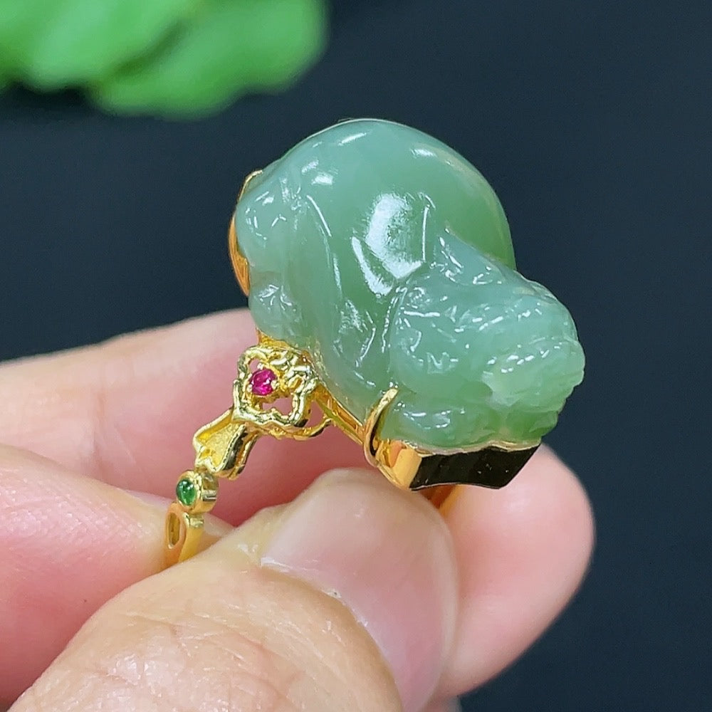 Hetian jade inlaid ring with 18k gold from HKHQ, size 15, featuring a smooth jade stone set in a gold band.
