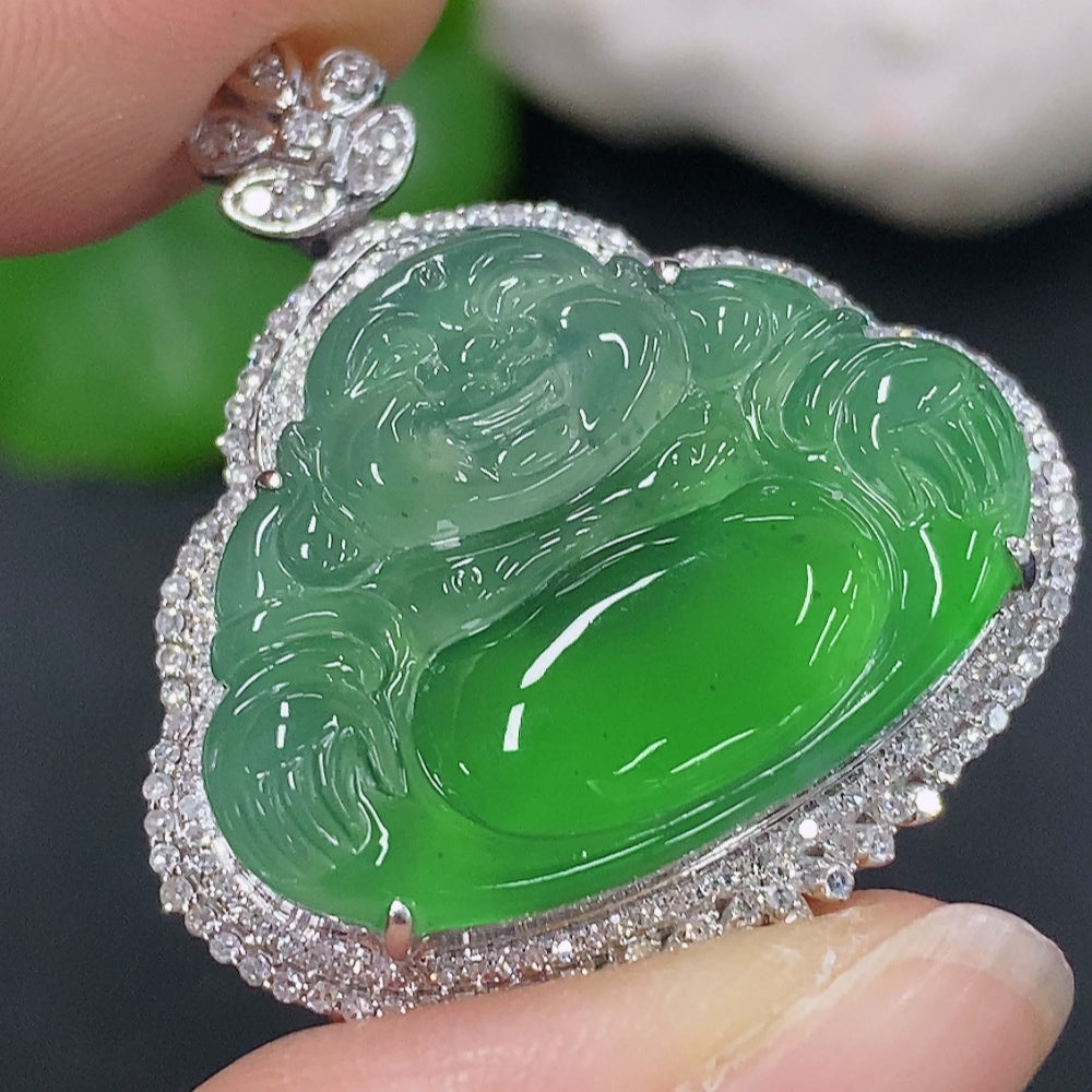 Jadeite Buddha Inlaid Pendant 18K Gold Total Weight Approx. 4.4g (With Diamond Accents)