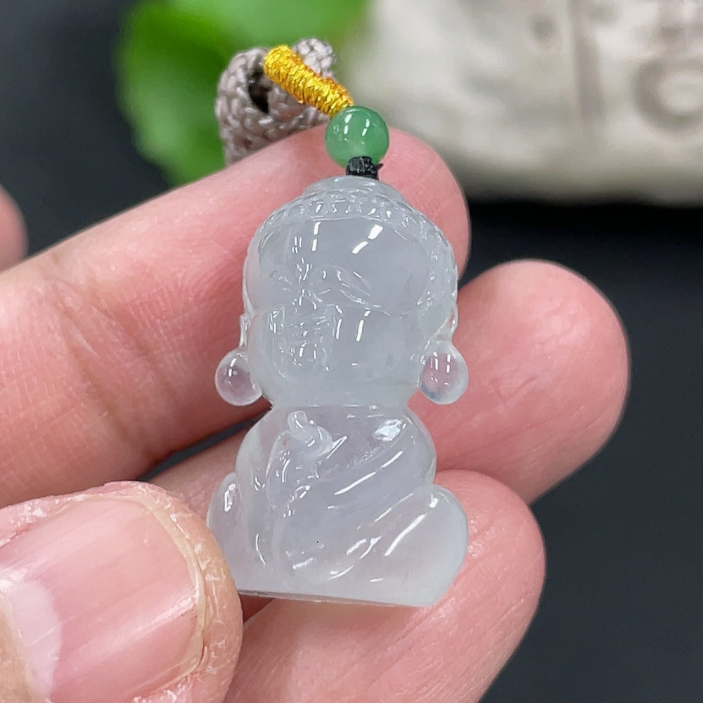 Jadeite Baby Buddha pendant necklace by HUILIU HQ featuring a smooth, polished jade Buddha charm on a delicate chain.