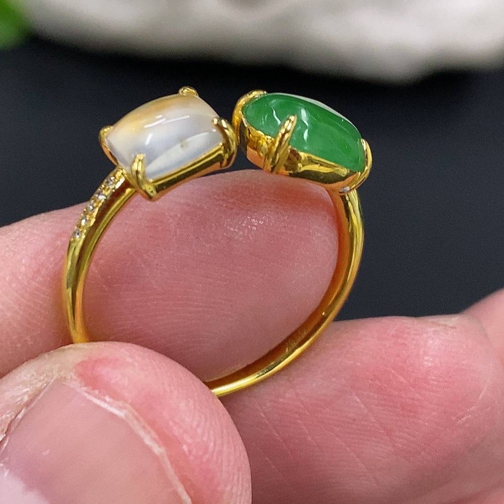 Jadeite inlaid ring by HUILIU HQ featuring 18k gold and diamond accents, size 13, with a total weight of 1.83g.