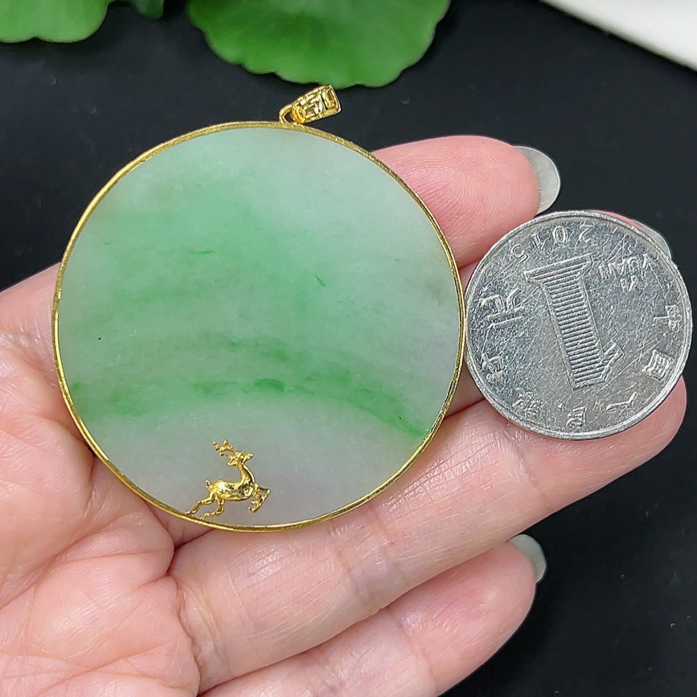 Jadeite plain pendant necklace with 18K gold setting, HKHQ brand, showcasing a smooth jade pendant on a gold chain.