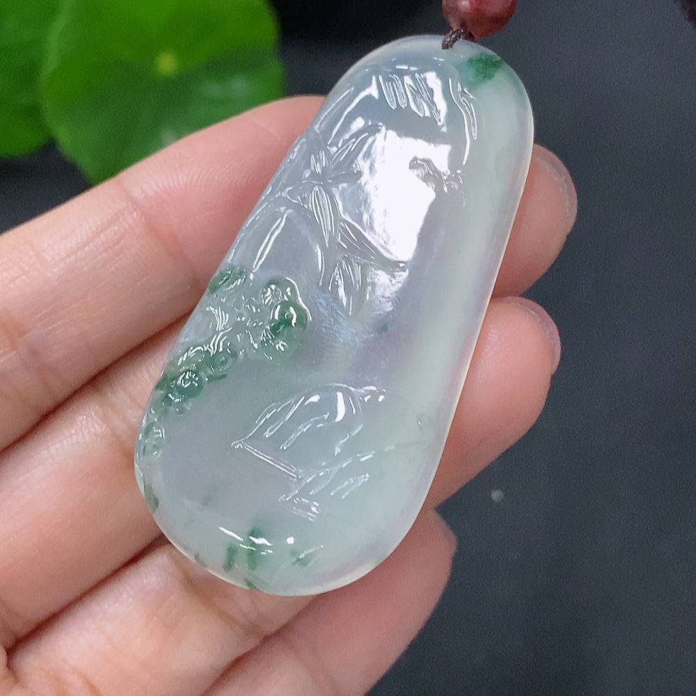 Jadeite pendant featuring bamboo design, weighing approx. 19g with cord and non-A grade jade beads, by HUILIU HQ.