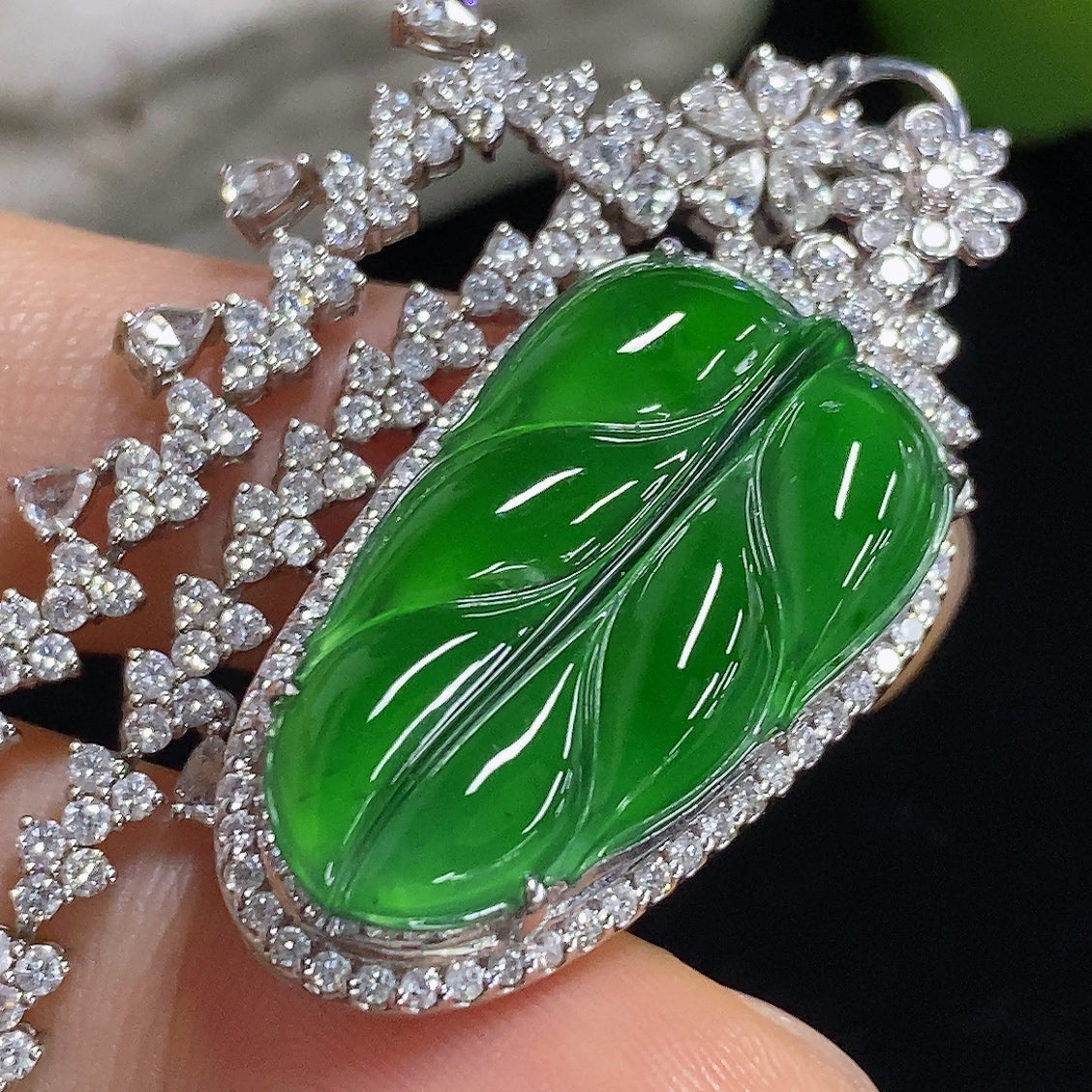 Jadeite Pendant Leaf 18k with Diamond Accents Total Weight Including Chain Approx. 19.7g