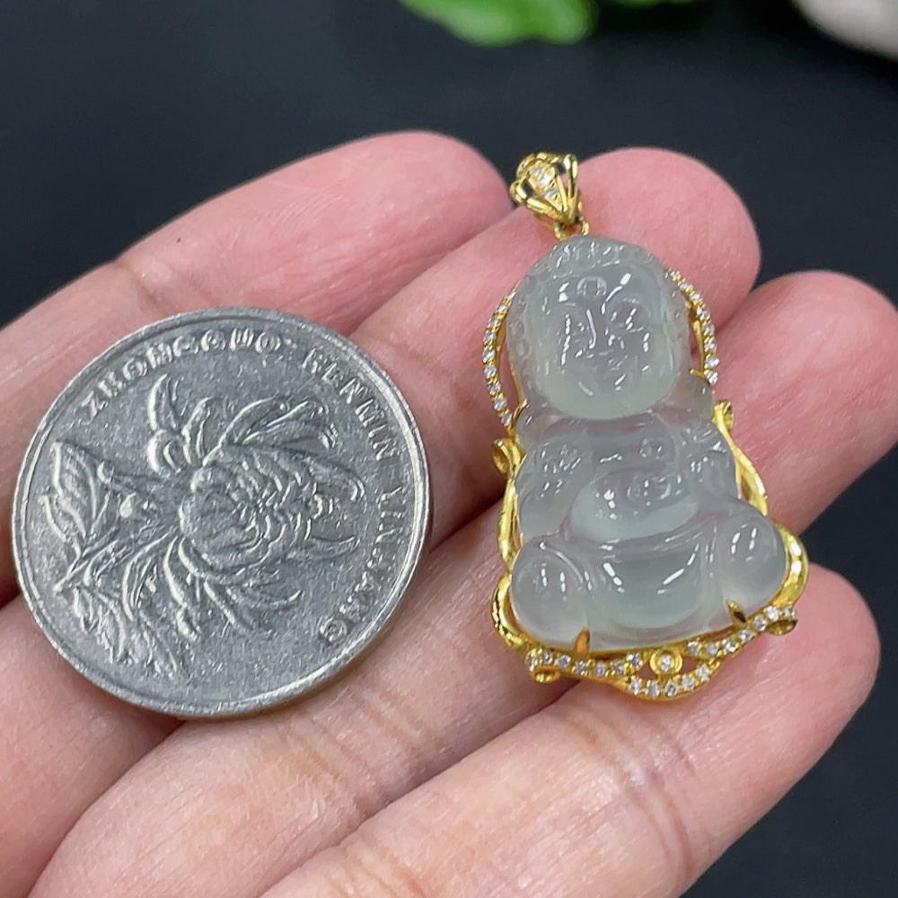 Jadeite Baby Buddha Pendant with 18K Gold and Diamond Accents