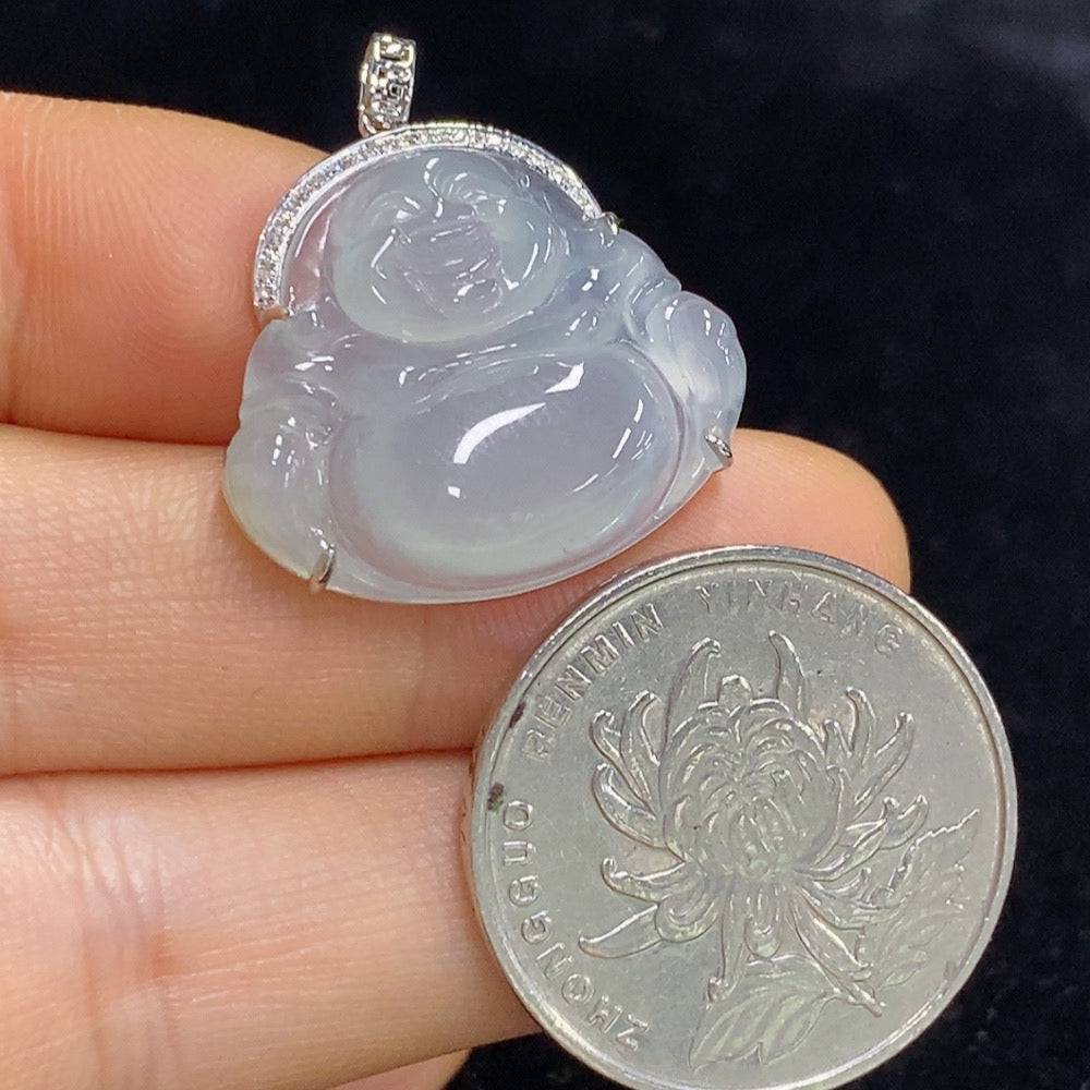 Huiliu Jadeite Buddha pendant with diamond accents, crafted from green jade, featuring intricate carved details and polished finish.