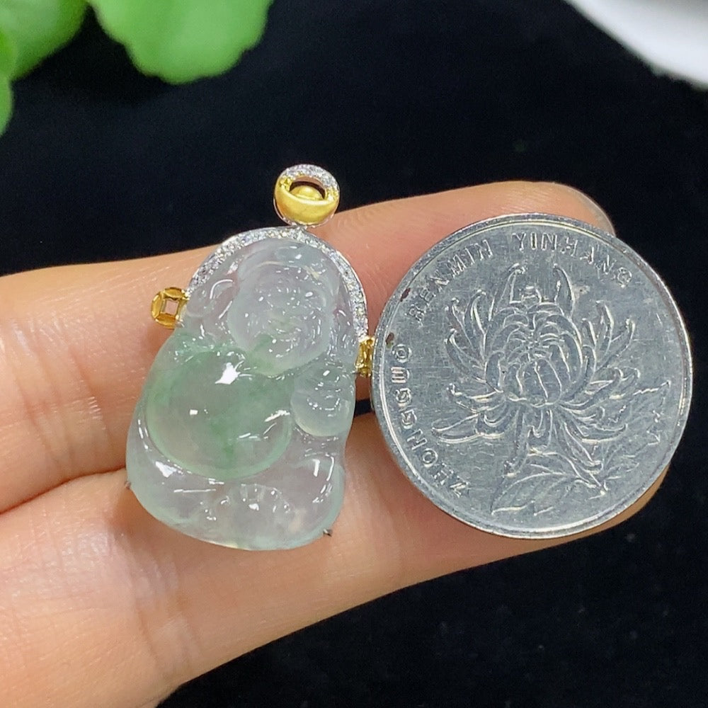 Jadeite Maitreya Inlaid Pendant 18k with Diamond, Total Weight Approx. 4.46g