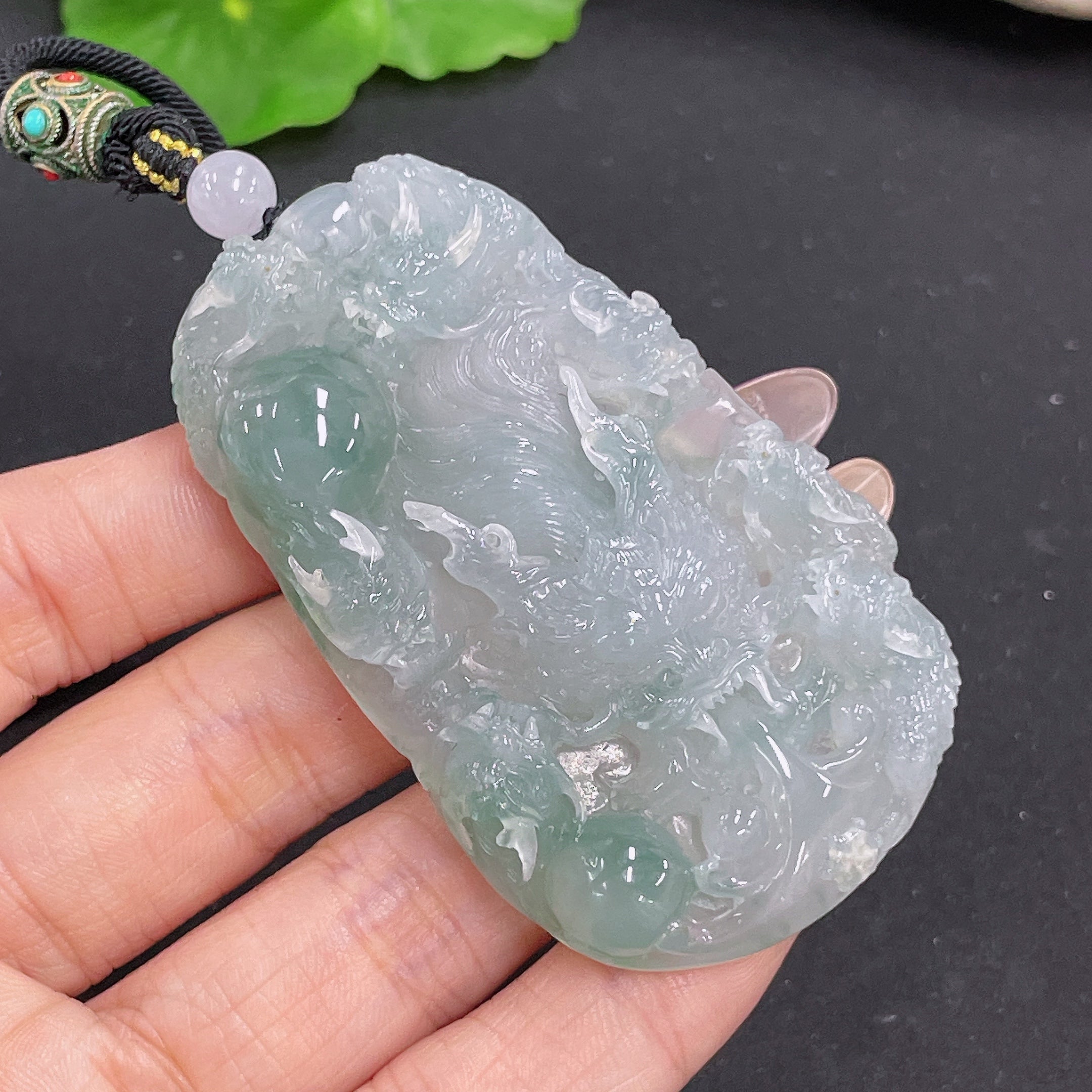 Jadeite Pendant Dragon Plaque with Non-Grade A Beads Including Cord . | Huiliu Certified