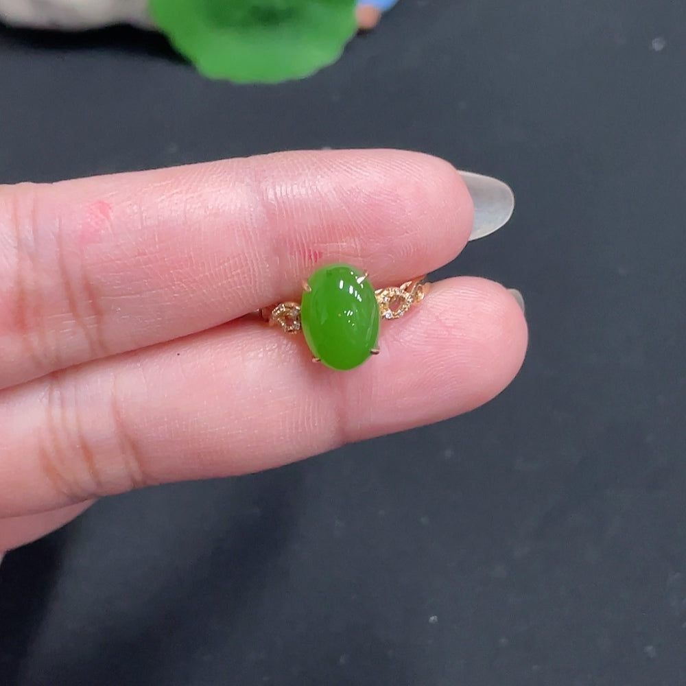 Hetian Jade Inlaid Ring Size 13.5 Total Weight Approx. 1.8g 18k with Diamond Accents