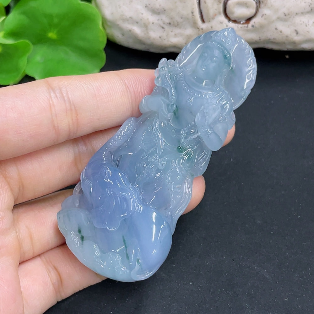 Jadeite pendant of Samantabhadra on a necklace, weighing 52.6g, featuring intricate carvings and a polished green jade appearance.