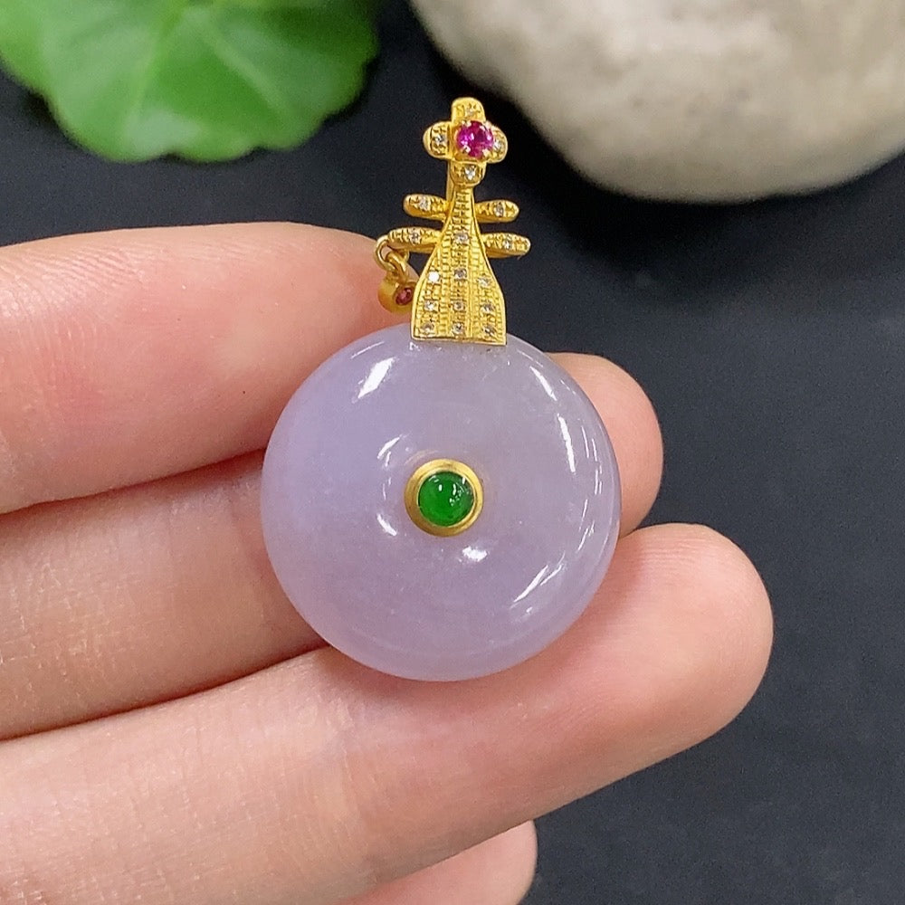 Jadeite Peace Buckle Pendant by HKHQ featuring colorless jade, 18K gold accents, and diamond details on a delicate chain.