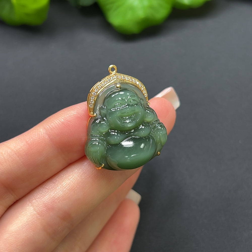 Hetian Jade Jasper Buddha Pendant with 70% Gold and Diamond Inlays