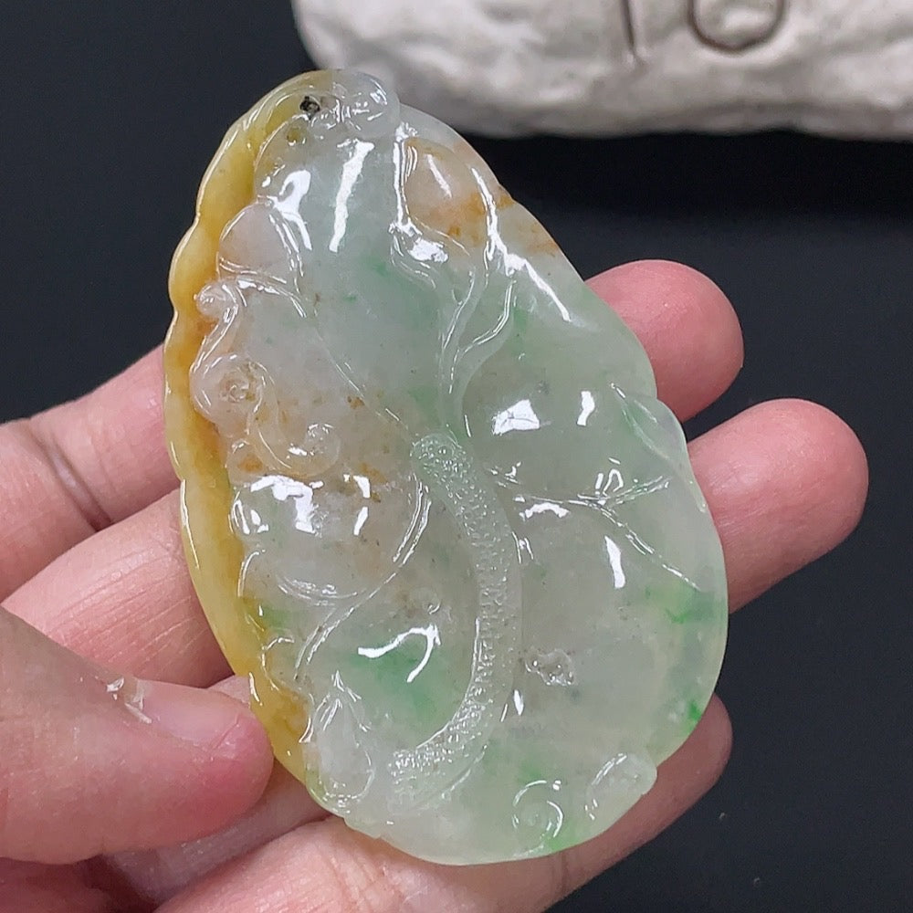 Jadeite Lotus Leaf Fish Pendant, Total Weight Approx. 27.26g, Color Origin Undetermined