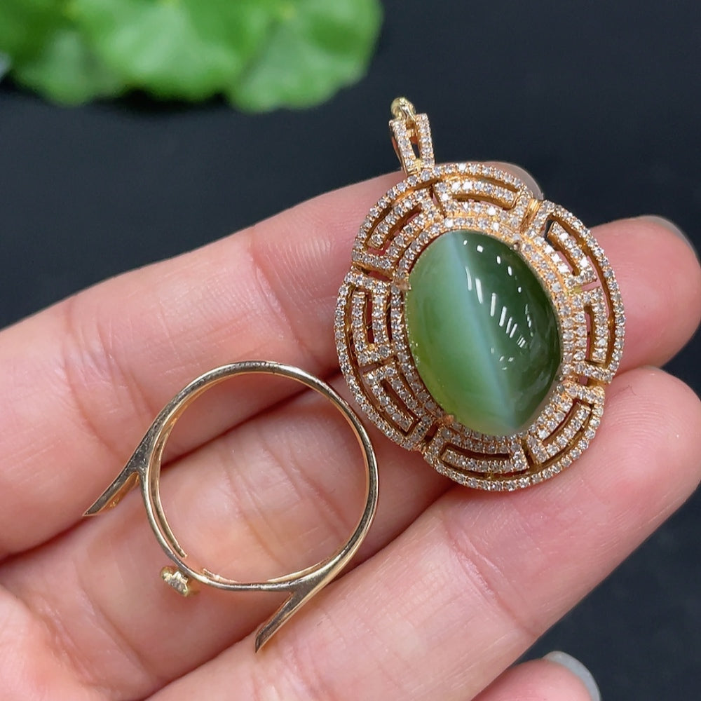 Huiliu Hetian jade jasper cabochon ring and pendant set with diamond accents, convertible jewelry with polished jade stones.