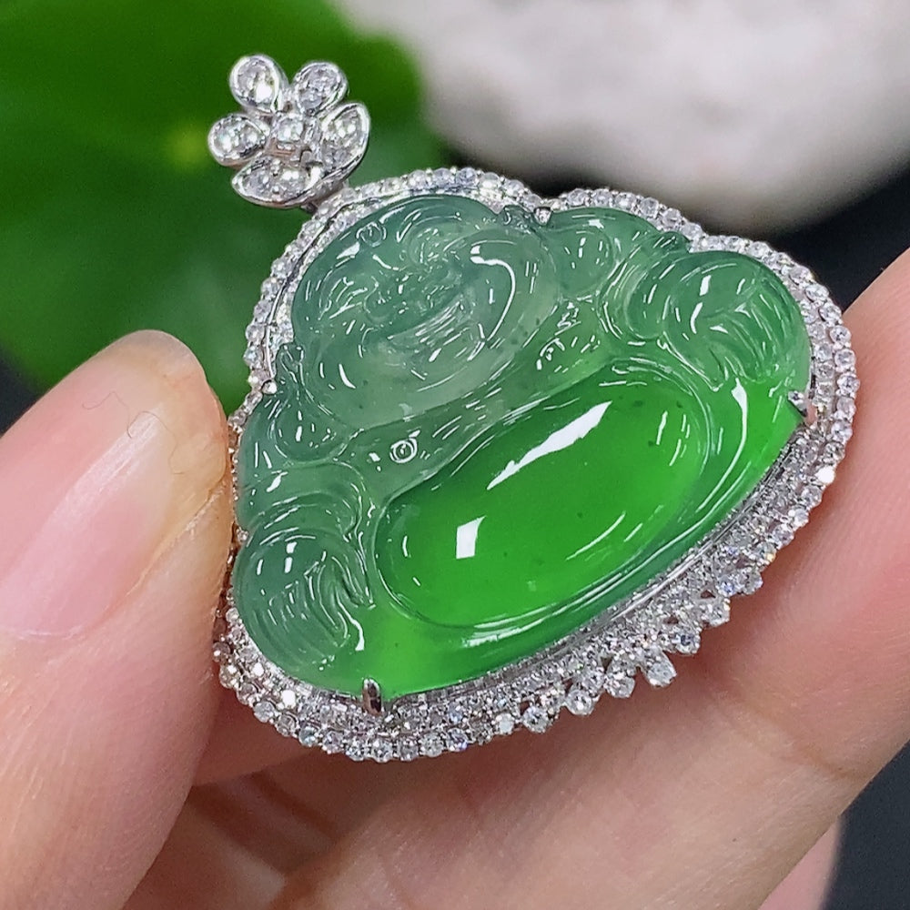 Jadeite Buddha Inlaid Pendant 18K Gold Total Weight Approx. 4.4g (With Diamond Accents)
