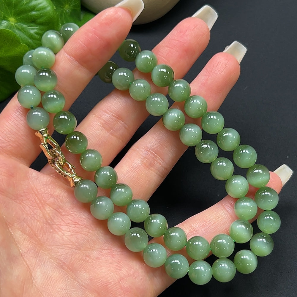 HKHQ Hetian Jade bead chain necklace with 8mm round beads, non-gold jewelry, natural green and white jade tones