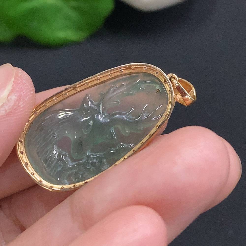 Huiliu Jadeite pendant with diamond accents in a setting, showcasing a polished green jade gemstone on a neutral background.