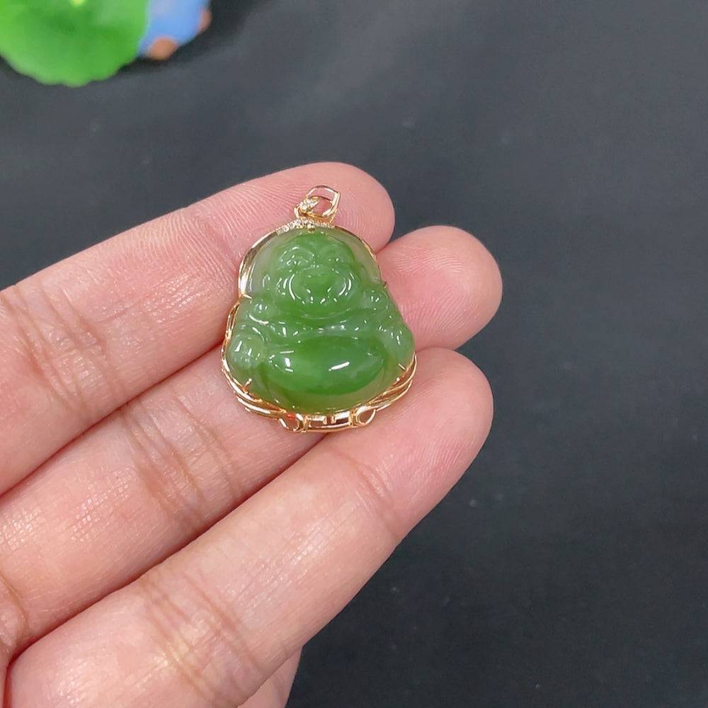 Hetian jade jasper pendant with Buddha design, inlaid with diamonds, from HUILIU HQ, featuring intricate craftsmanship and natural stone details.