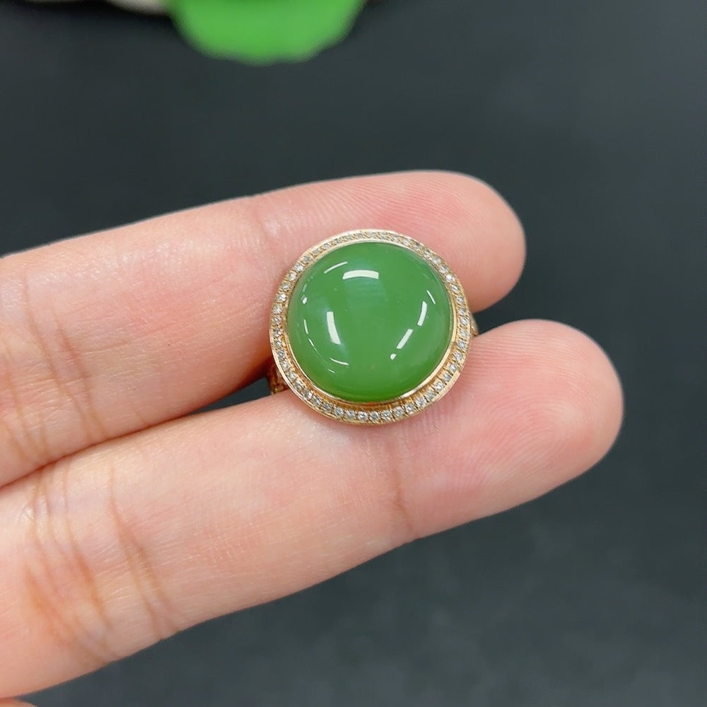 Hetian jade inlaid ring with diamond accents, size 14, 18k gold, total weight 4.4g, crafted by HKHQ.