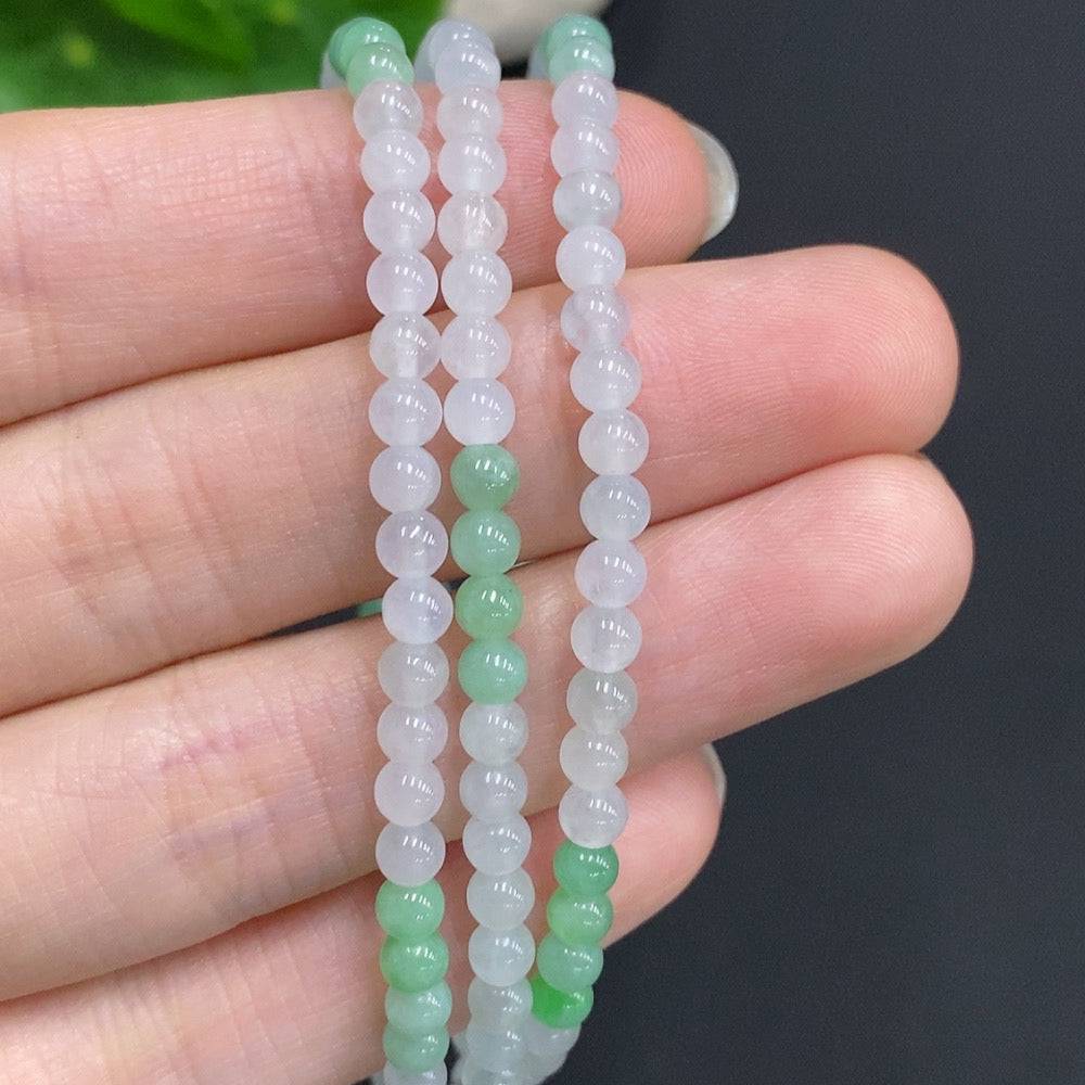 Jadeite bead necklace by HUILIU HQ with 3.7mm jade beads, non-gold inlaid, total weight approx. 18.5g, natural jade color.