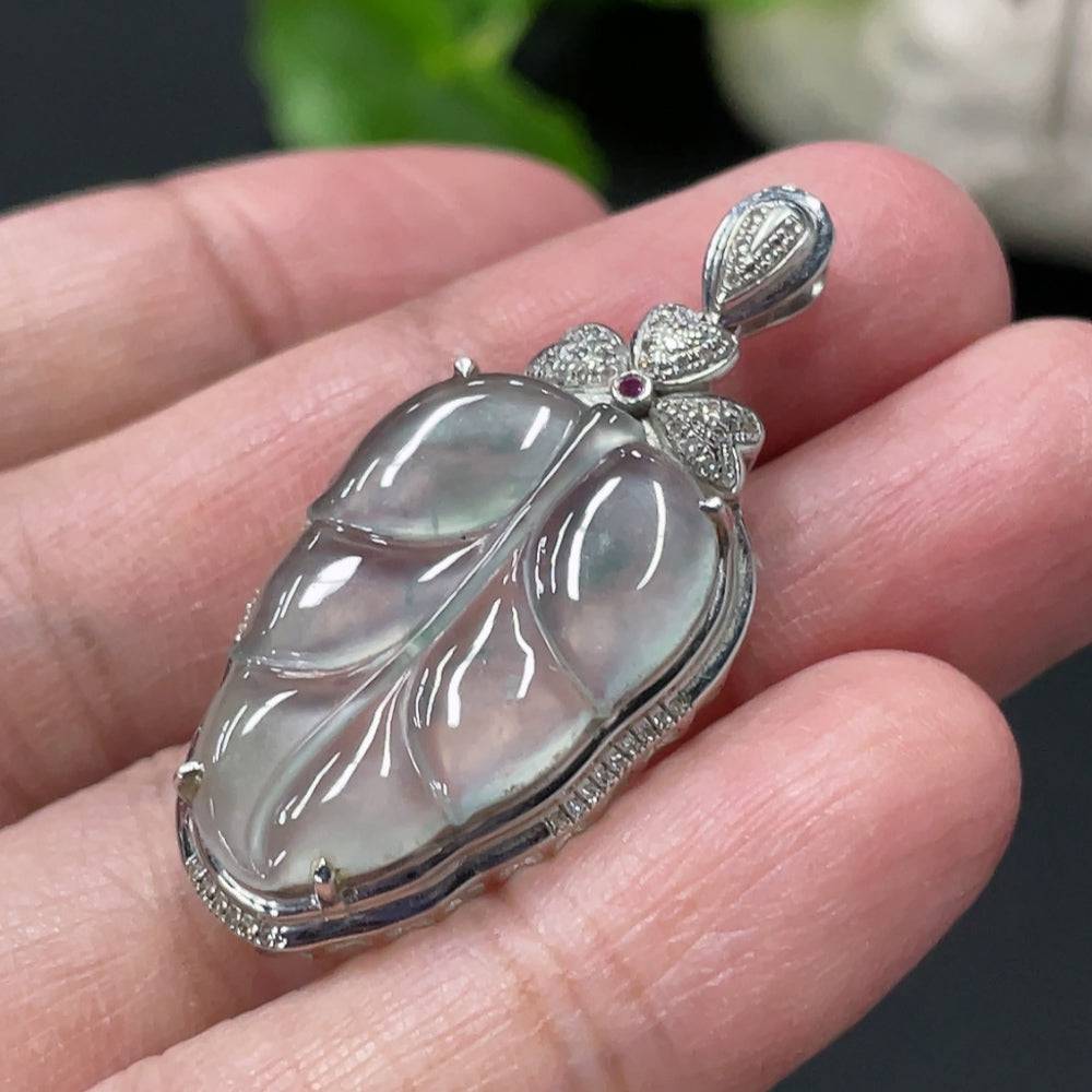 Jadeite leaf inlay pendant with 18K gold and diamond accents, crafted by HUILIU HQ, weight approx. 3.8g, colorless jade jewelry