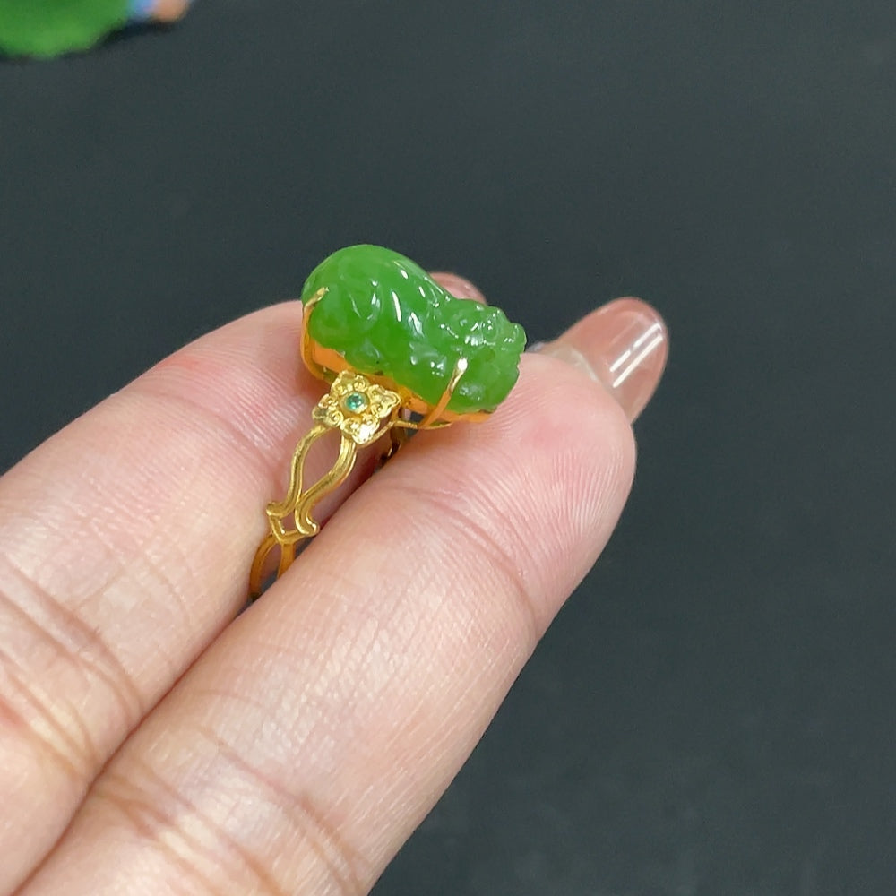 Hetian Jade Jasper Inlaid Auspicious Beast Ring . | Huiliu Certified
