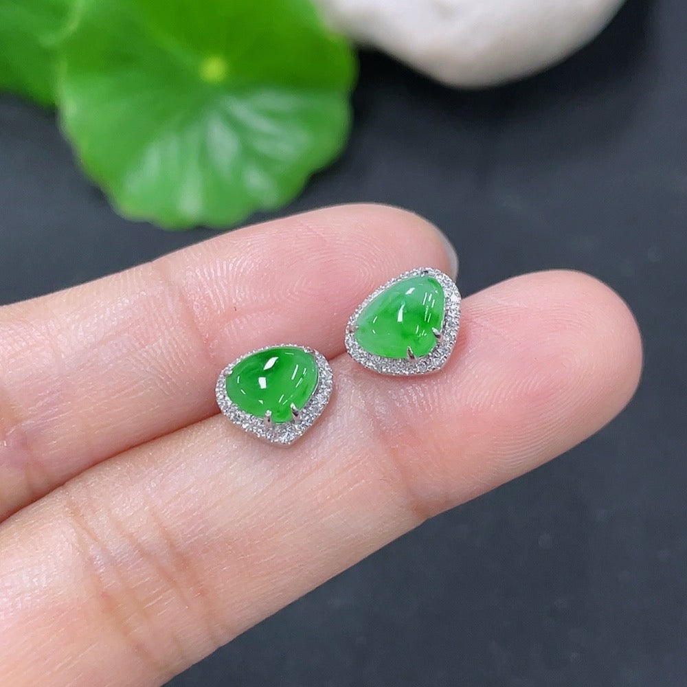 Jadeite Earrings with 18k Gold and Diamond Accents, Total Weight Approximately 1.45g