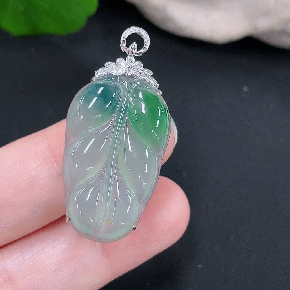 Jadeite leaf pendant with 18k gold accents and diamond details, weighing approximately 4.17g, crafted by HUILIU HQ.