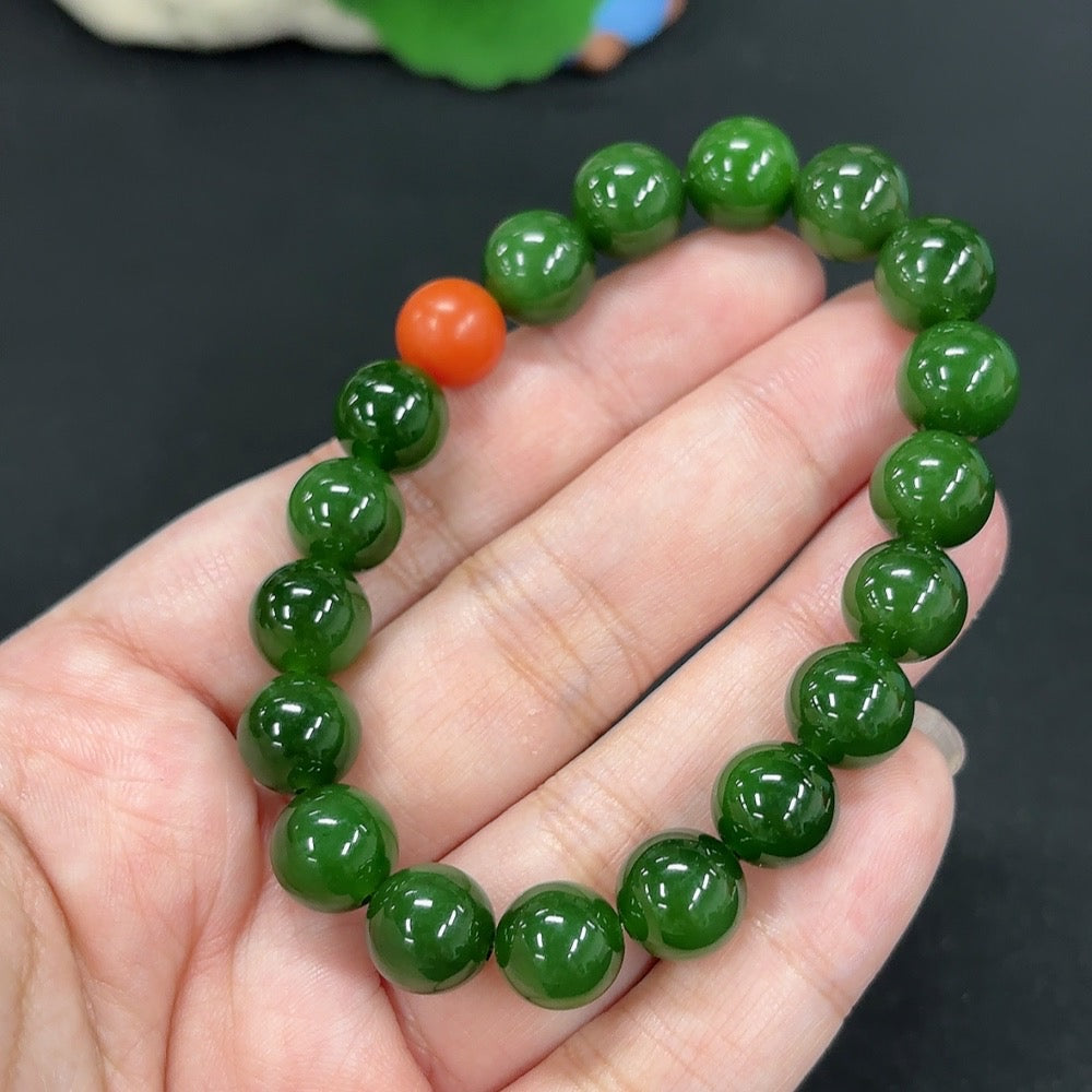 Green Hetian Jade Bracelet, with Southern Red Agate