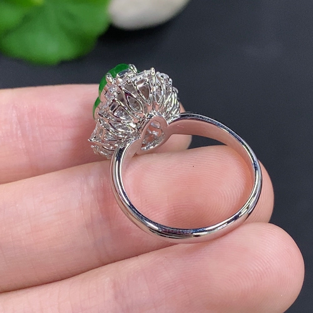 Jadeite gourd inlay ring with 18K gold and diamond accents, elegant jewelry piece featuring intricate design and vibrant gemstones.