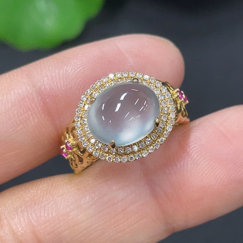 HUILIU HQ jadeite ring with inlaid diamond, featuring a smooth jade band and a sparkling colorless diamond accent.