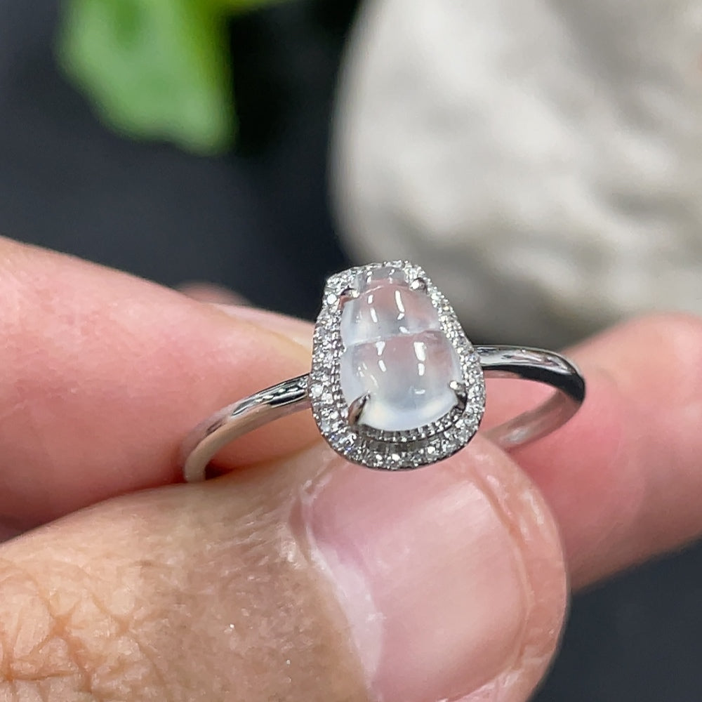 Jadeite gourd ring with 18k gold and diamond accents, size 13, featuring intricate inlay design and delicate craftsmanship.