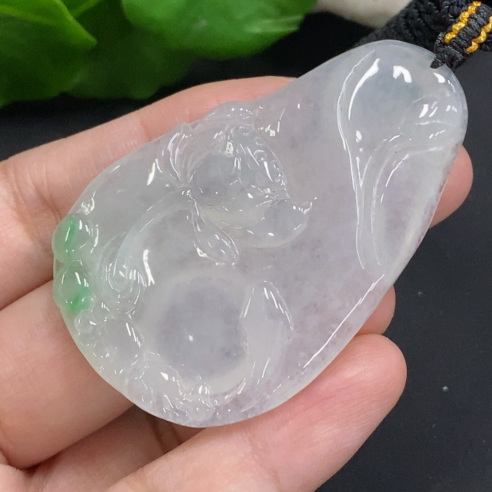 Huiliu Jadeite Flower of Wealth and Honor pendant with rope, featuring intricate floral design in polished jade.