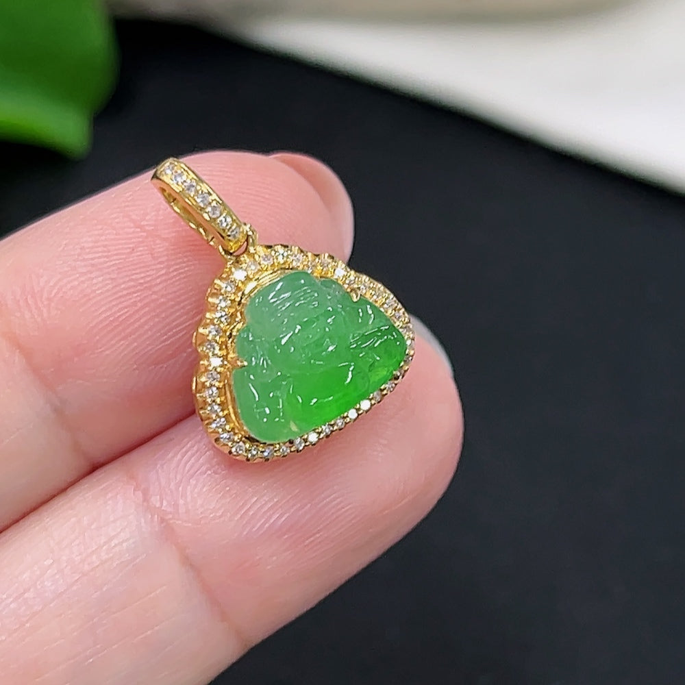 Jadeite God of Wealth Pendant 18K Gold Total Weight Approx. 2.3g (with Diamond Accents)