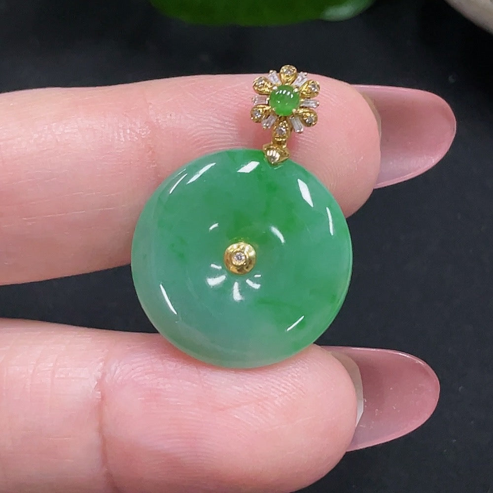 Jadeite safety pendant with diamond accents in 18K gold, weighing approximately 3.3 grams, from HUILIU HQ.