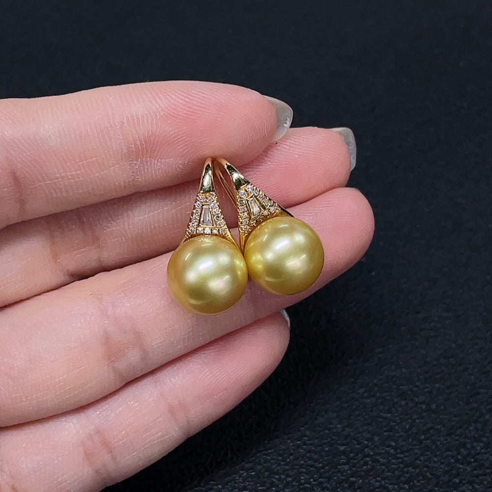 Seawater Pearl Earrings with 18k Gold, Approximately 11mm, Color Origin Undetermined, Accented with Diamonds