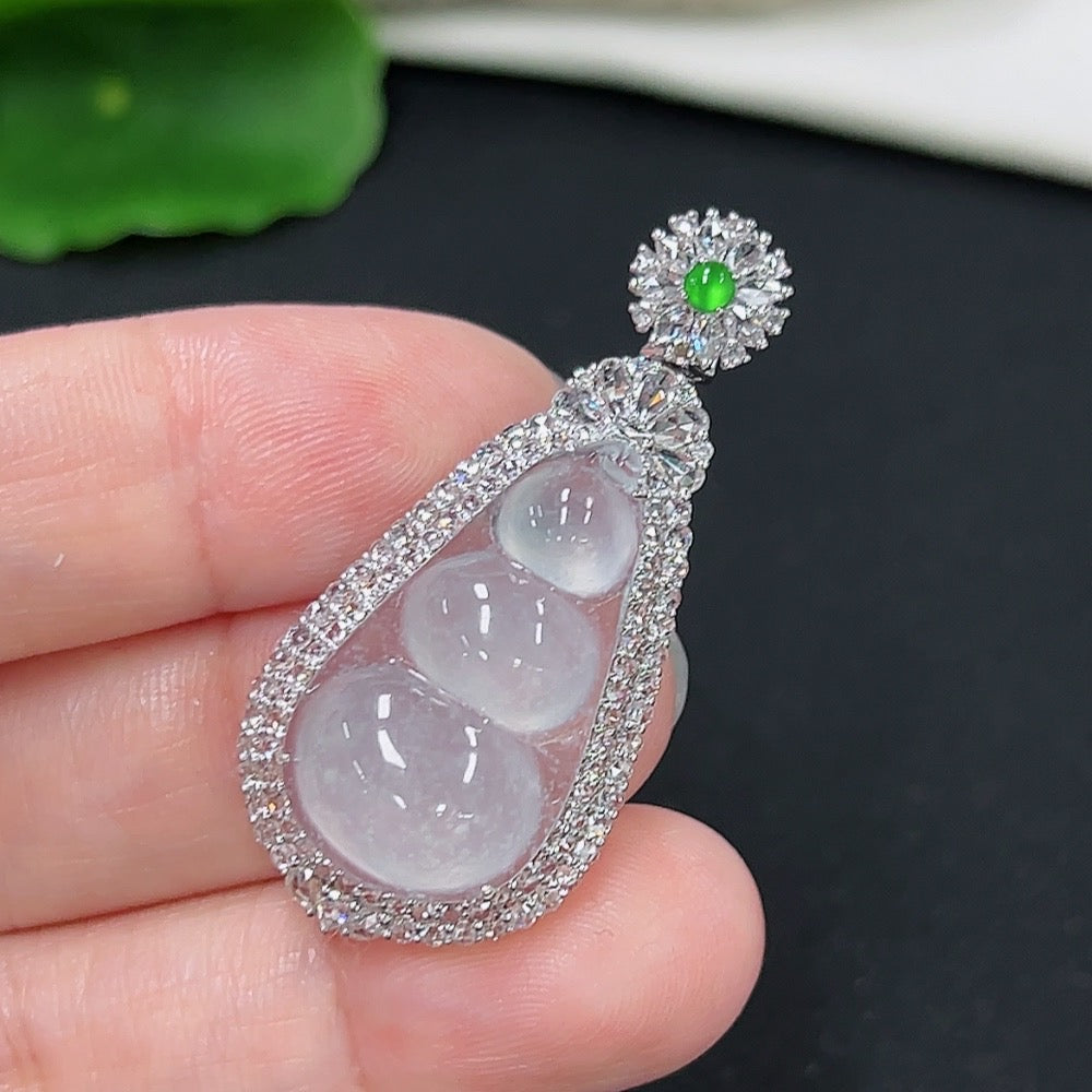 Jadeite Blessed Bean Pendant with 18k Gold and Diamond Accents