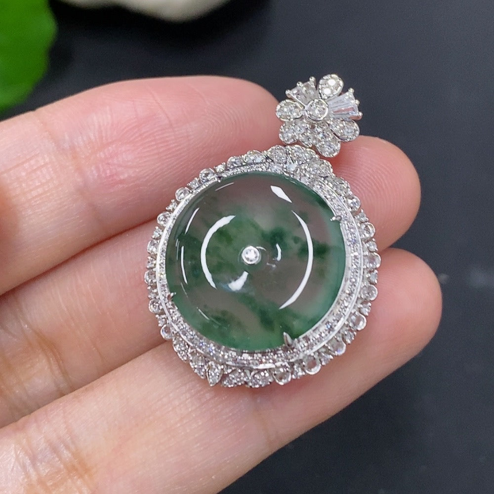 Jadeite Inlaid Peace Pendant with 18k Gold and Diamond Accents