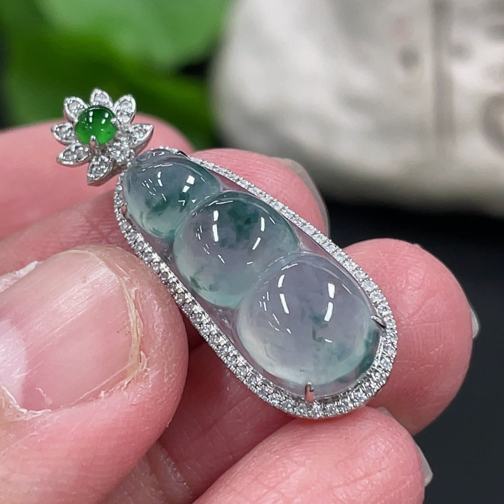 Jadeite Lucky Bean Pendant with 18K Gold and Diamond Accents, Total Weight Approx. 2.67g
