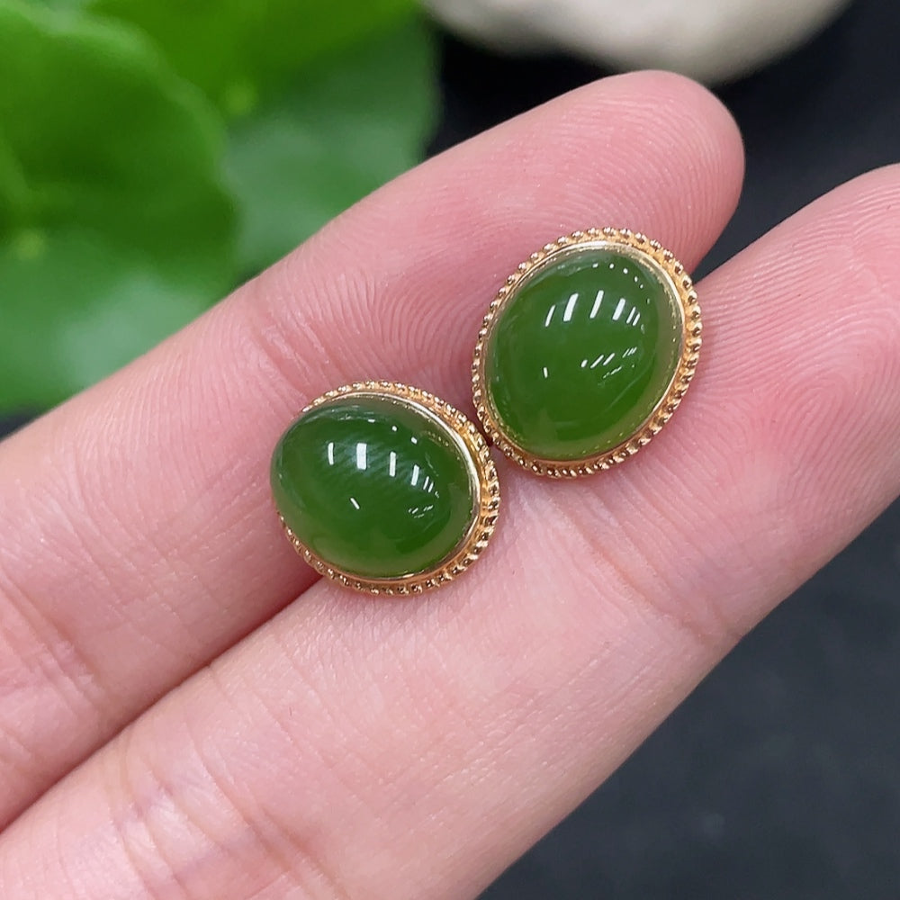 Hetian Jade Cabochon Earrings with 18k Gold Setting, Total Weight Approx. 2g