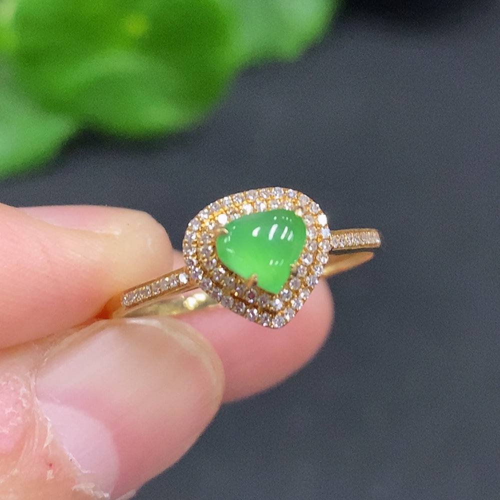 HUILIU HQ jadeite ring with 18K gold band, size 15, accented with diamonds, featuring a polished jade gemstone.