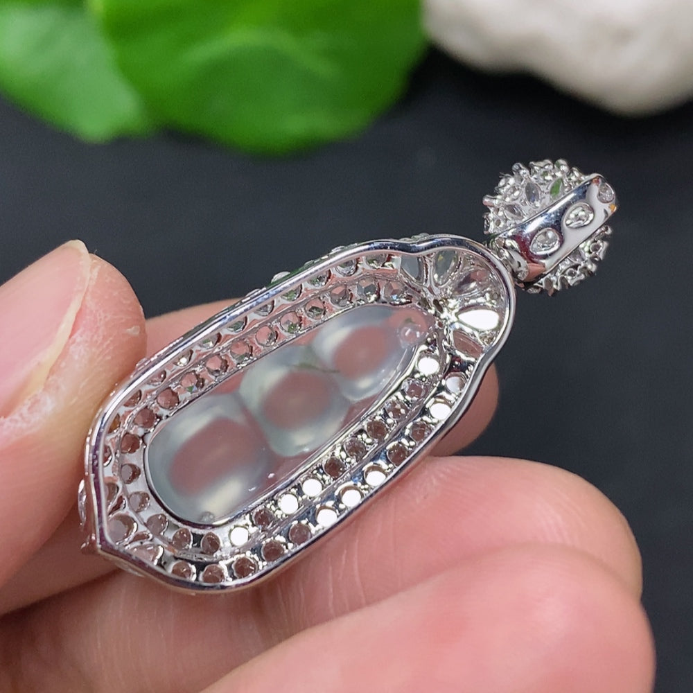 Jadeite Auspicious Bean Pendant in 18K Gold (Diamond Accented)