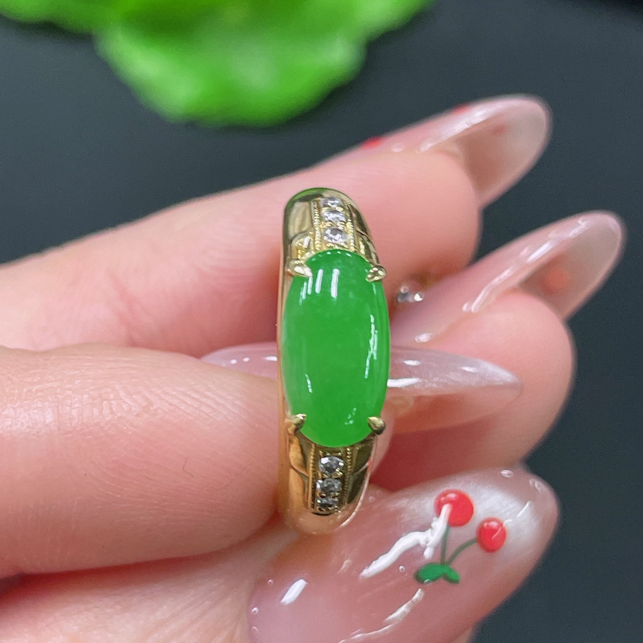 Jadeite ring with 18k gold band and diamond accent, size 12, from HUILIU HQ, showcasing the elegant jewelry design.